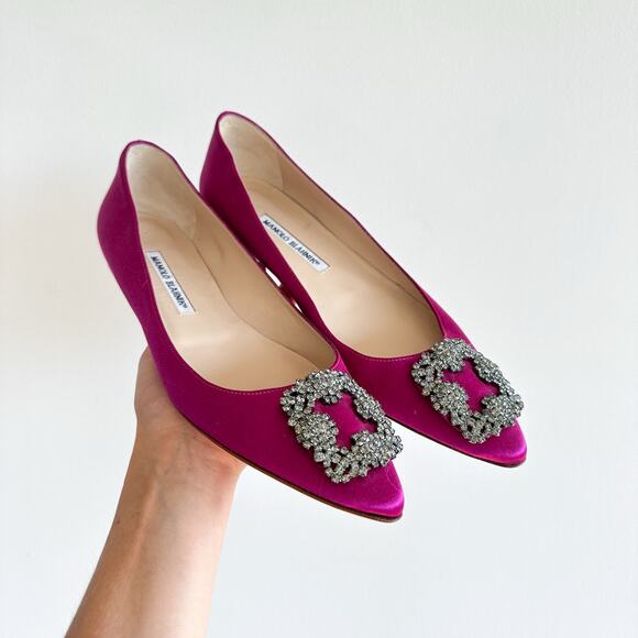 Manolo Blahnik Shoes - NEW Manolo Blahnik Hangisiflat Satin Jewel Buckle Flat Flats Dark Fuchsia 39.5
